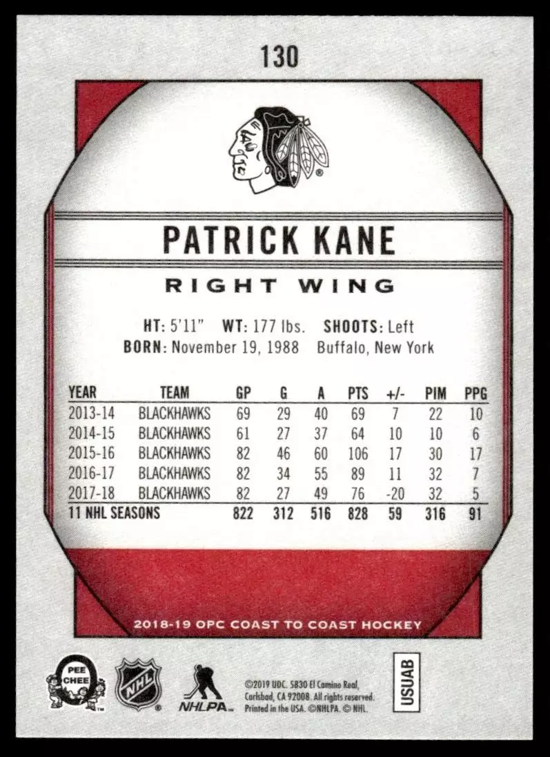 2018-19 O-Pee-Chee Coast to Coast #130 Patrick Kane 1