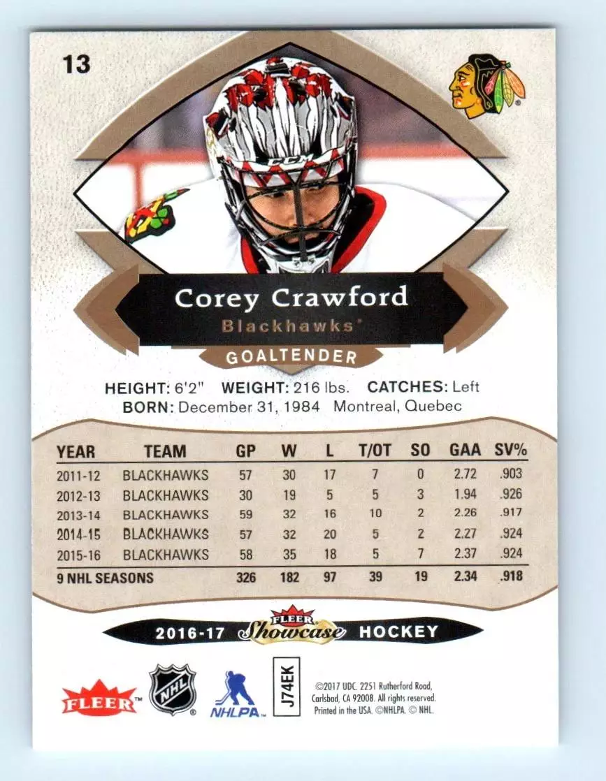 2016-17 Fleer Showcase #13 Corey Crawford 1
