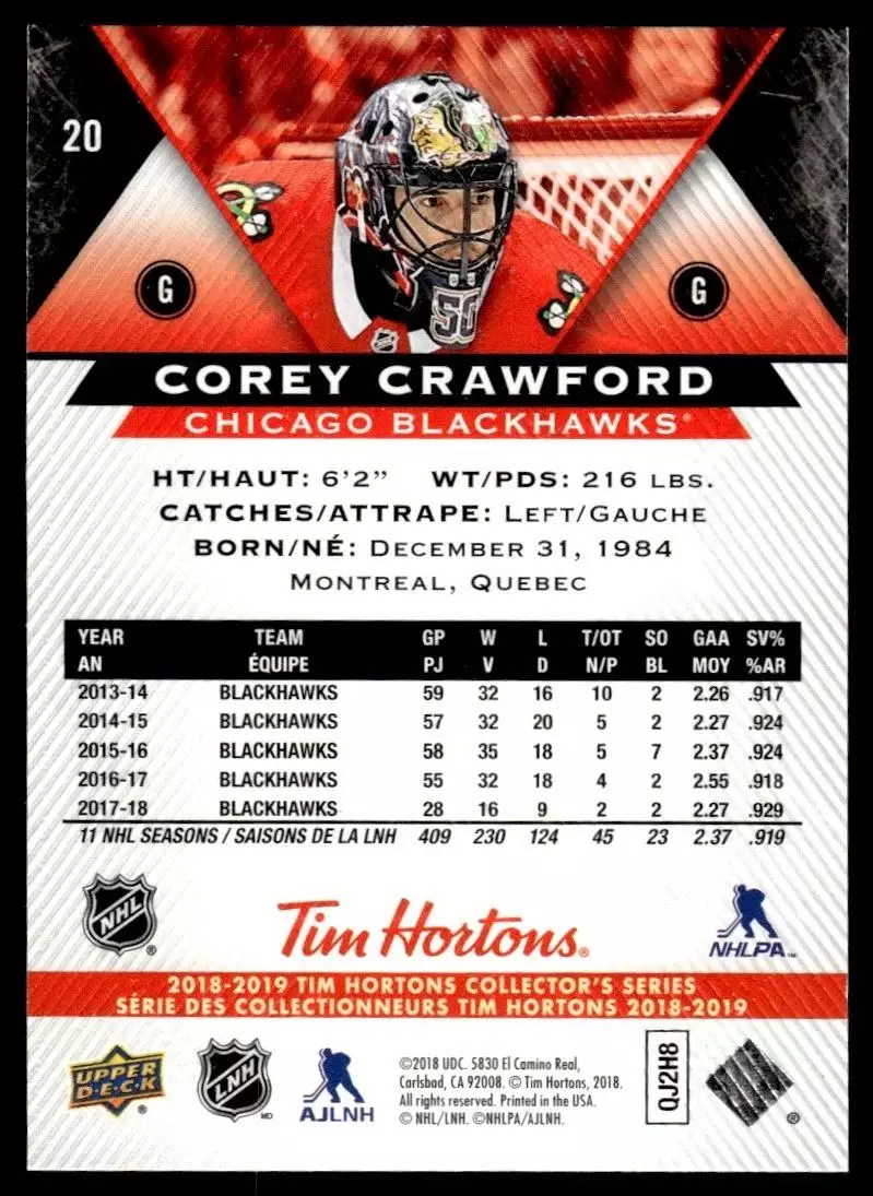 2018-19 Upper Deck Tim Hortons #20 Corey Crawford 1