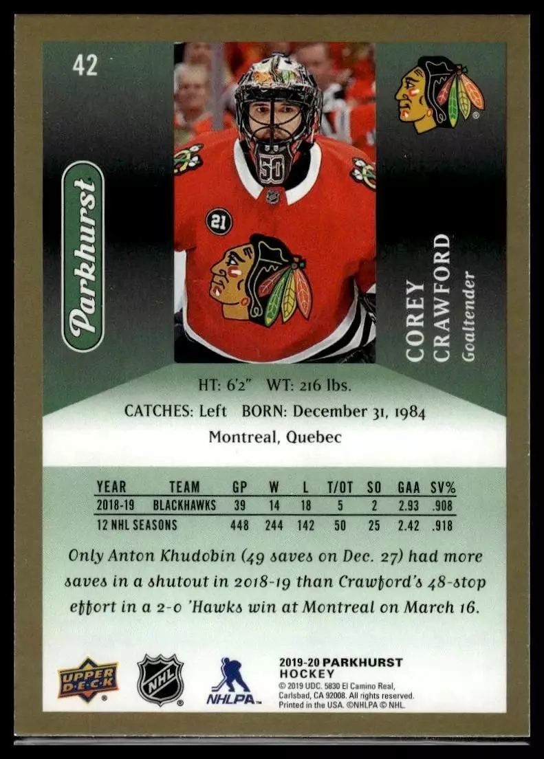 2019-20 Parkhurst Bronze #42 Corey Crawford 1