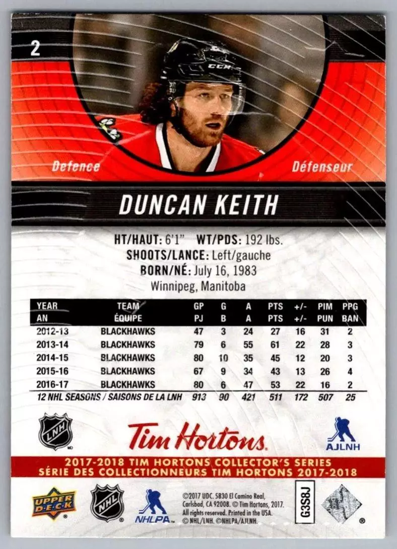 2017-18 Upper Deck Tim Hortons #2 Duncan Keith 1