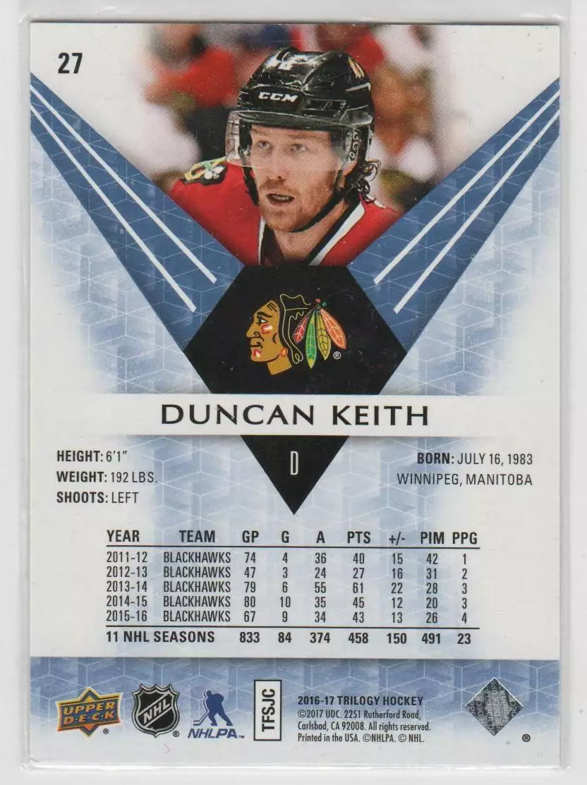 2016-17 Upper Deck Trilogy Rainbow Blue #27 Duncan Keith 589\849 1