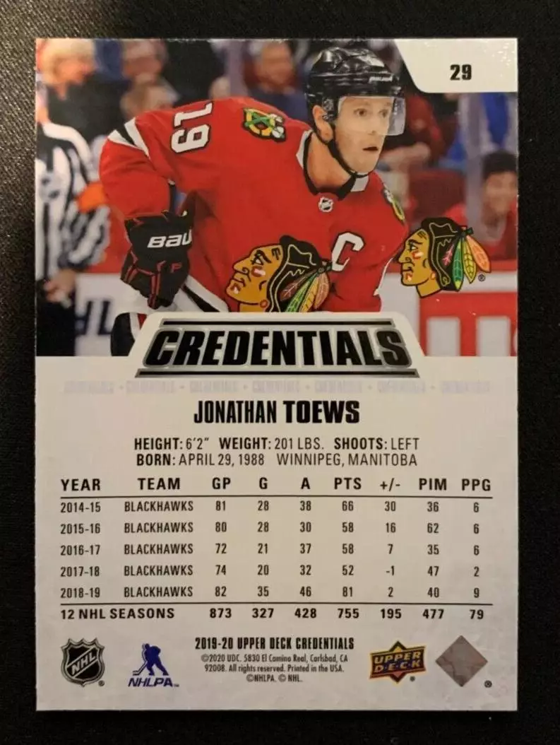2019-20 Upper Deck Credentials #29 Jonathan Toews 1