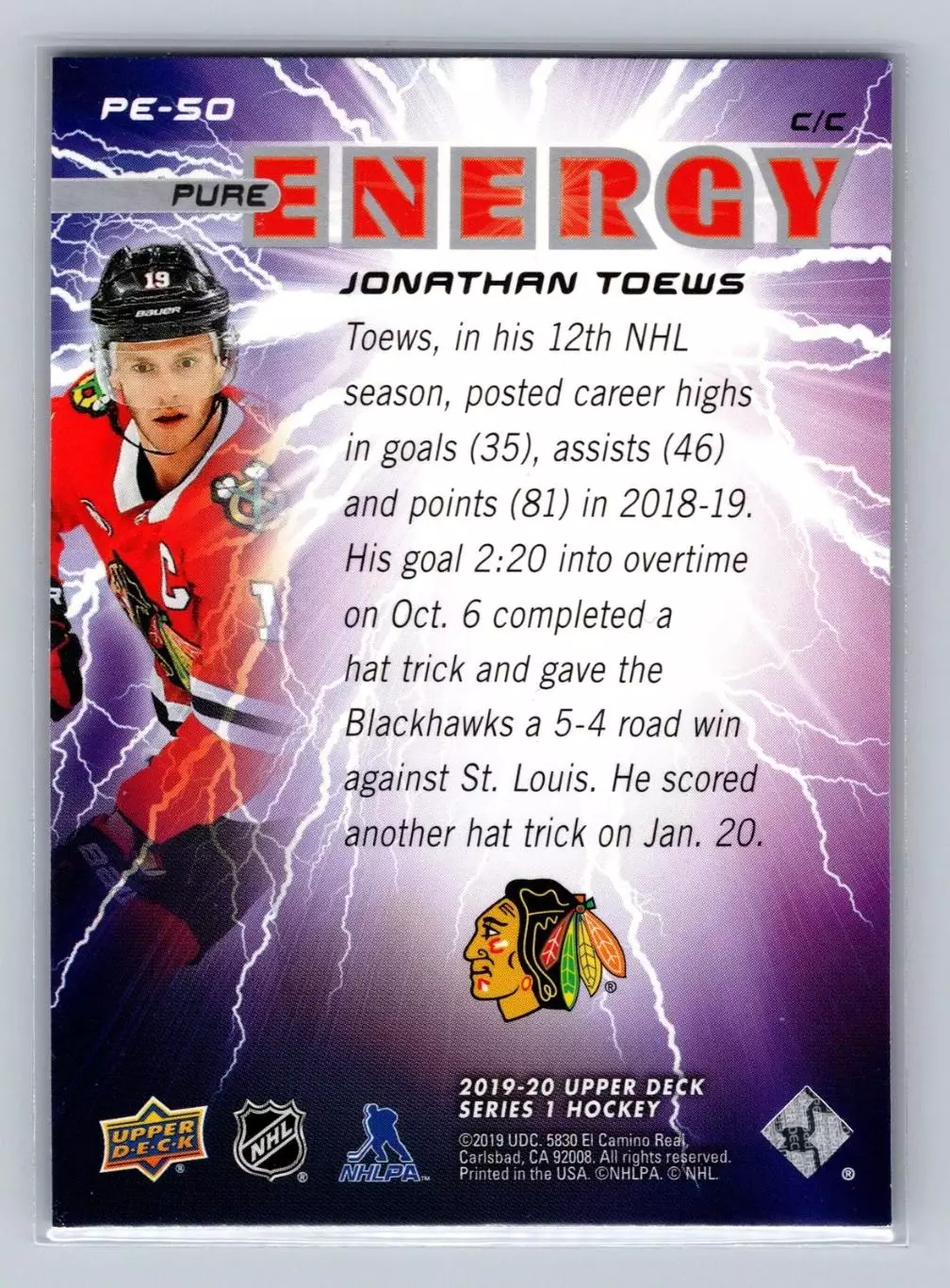 2019-20 Upper Deck Pure Energy #PE50 Jonathan Toews 1