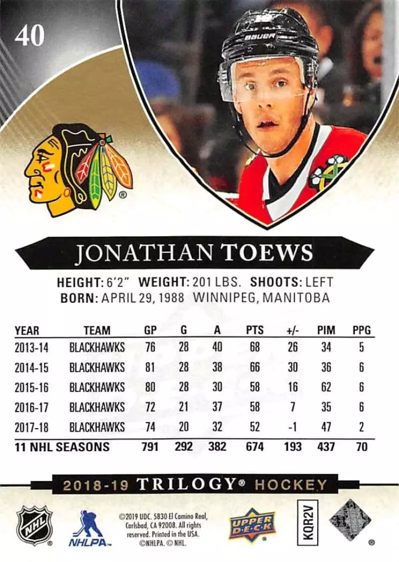 2018-19 Upper Deck Trilogy #40 Jonathan Toews 1
