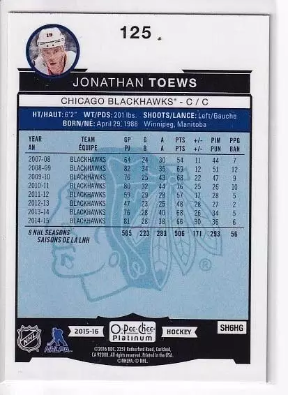 2015-16 O-Pee-Chee Platinum #125 Jonathan Toews 1