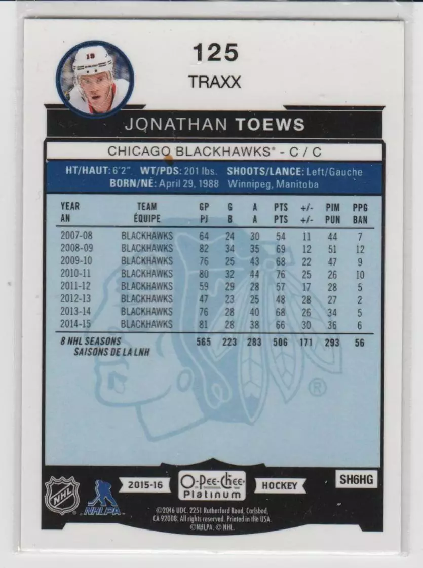 2015-16 O-Pee-Chee Platinum Traxx #125 Jonathan Toews 1