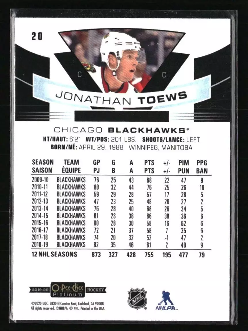 2019-20 O-Pee-Chee Platinum #20 Jonathan Toews 1