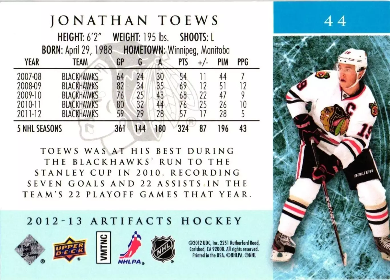 2012-13 Artifacts #44 Jonathan Toews 1