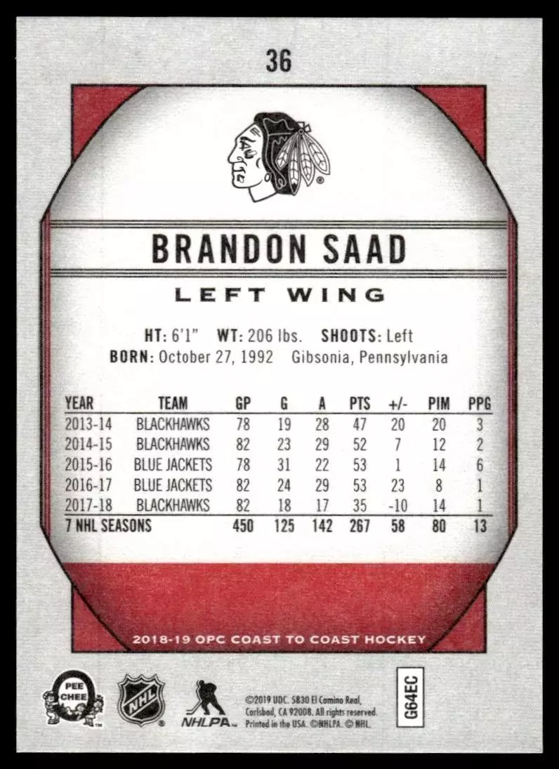 2018-19 O-Pee-Chee Coast to Coast #36 Brandon Saad 1