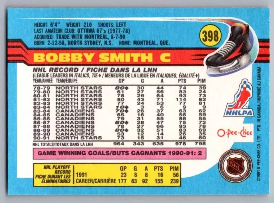 1991-92 O-Pee-Chee #398 Bobby Smith 1