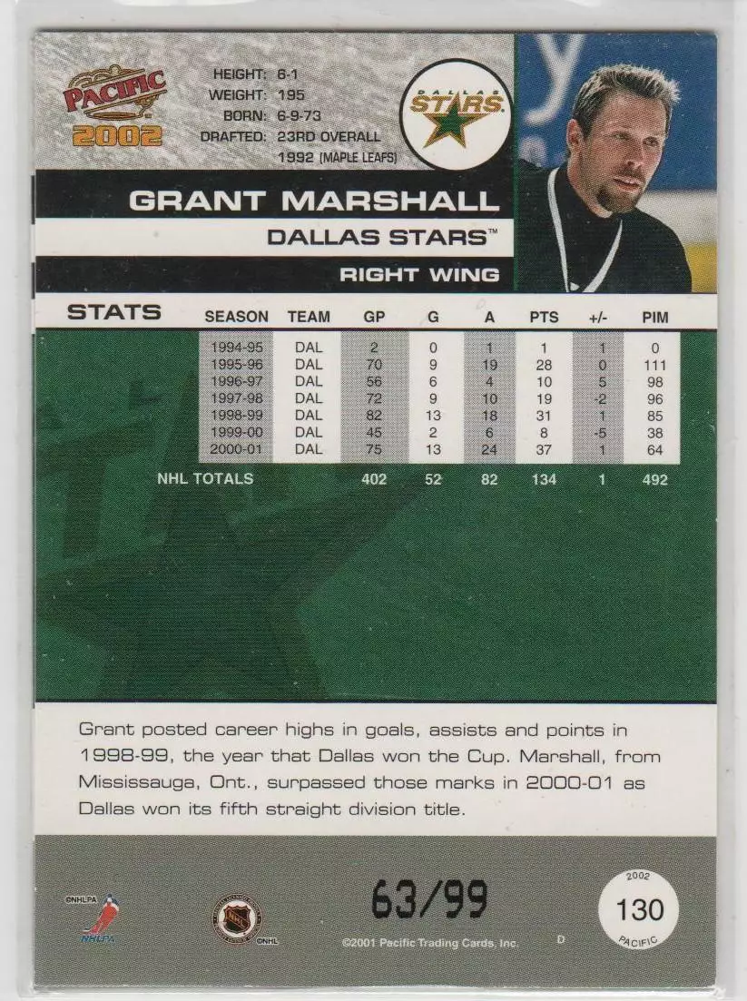 2001-02 Pacific Hobby LTD #130 Grant Marshall 63\99 1