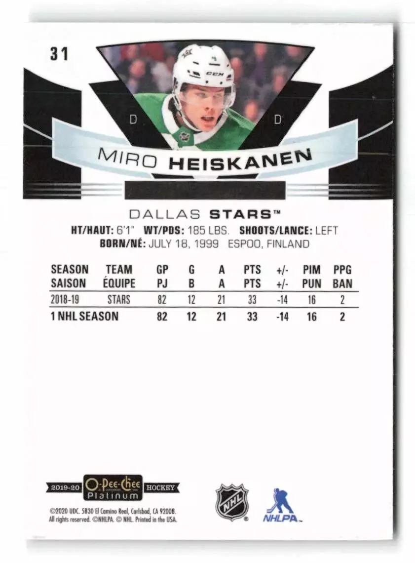 2019-20 O-Pee-Chee Platinum #31 Miro Heiskanen 1