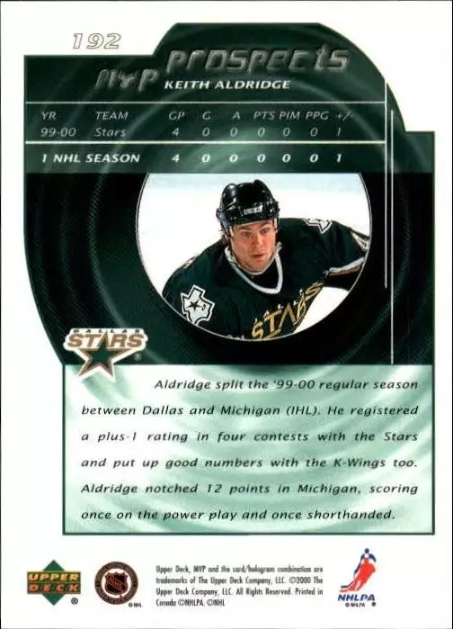 2000-01 Upper Deck MVP #192 Keith Aldridge RC 1
