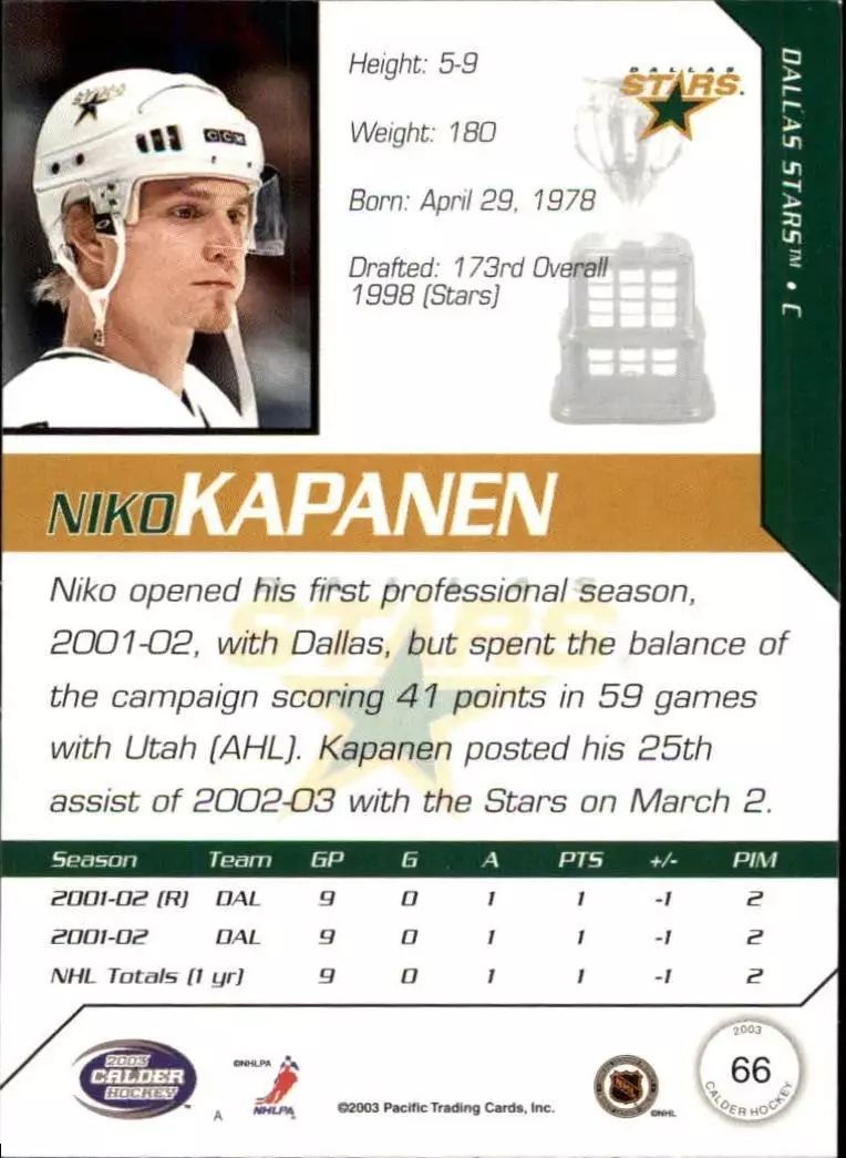 2002-03 Pacific Calder #66 Niko Kapanen 1
