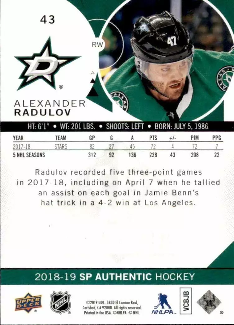 2018-19 SP Authentic #43 Alexander Radulov 1