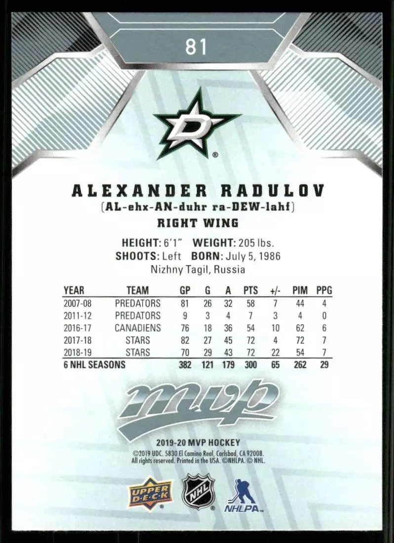 2019-20 Upper Deck MVP #81 Alexander Radulov 1