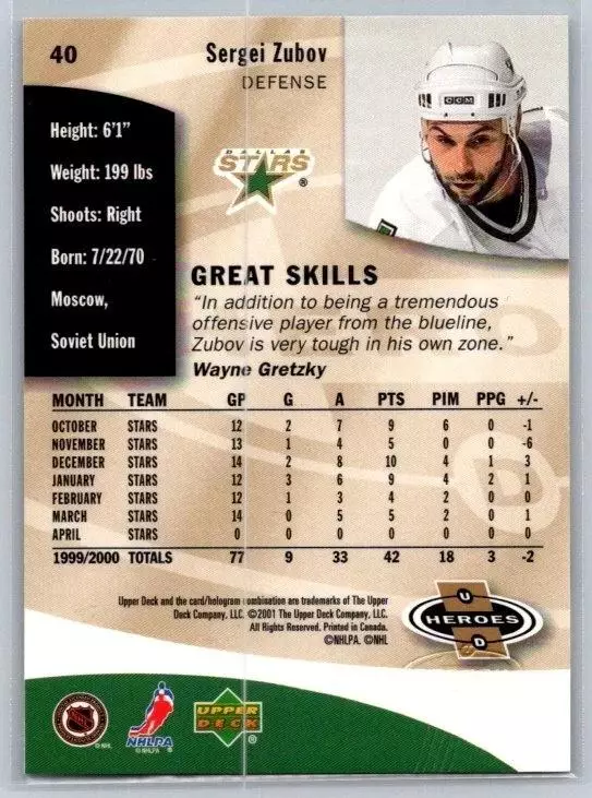 2000-01 Upper Deck Heroes #40 Sergei Zubov 1