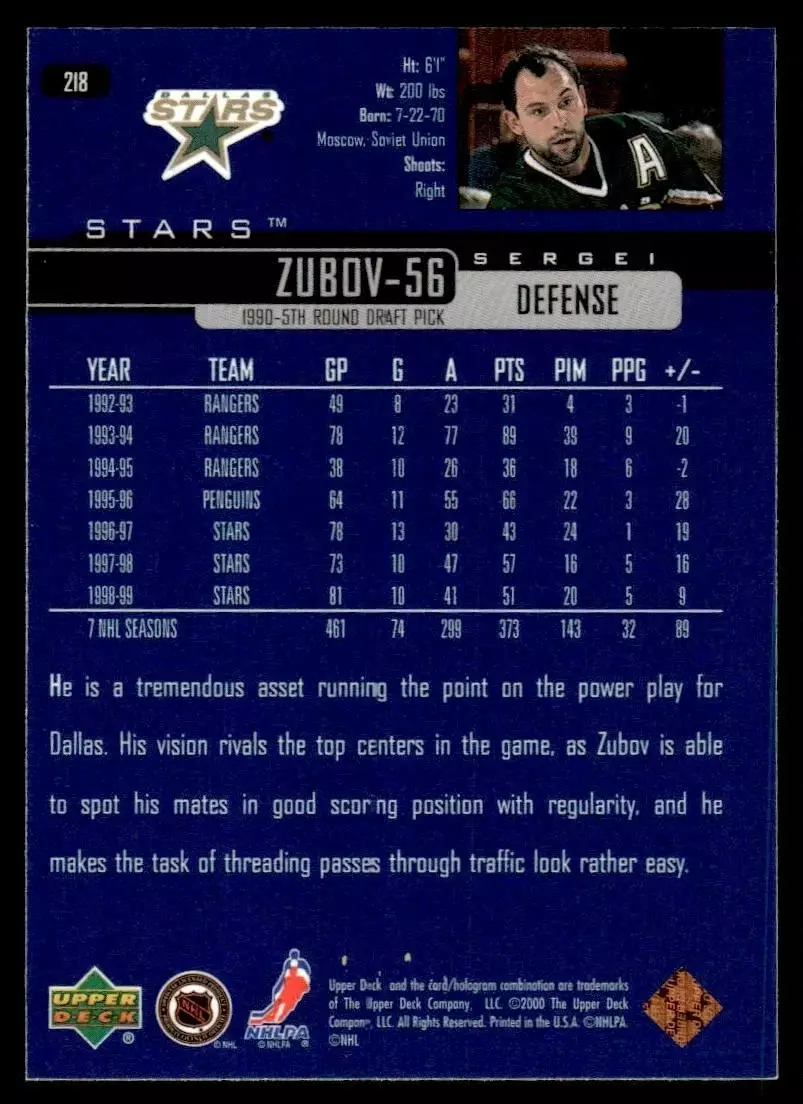 1999-00 Upper Deck #218 Sergei Zubov 1
