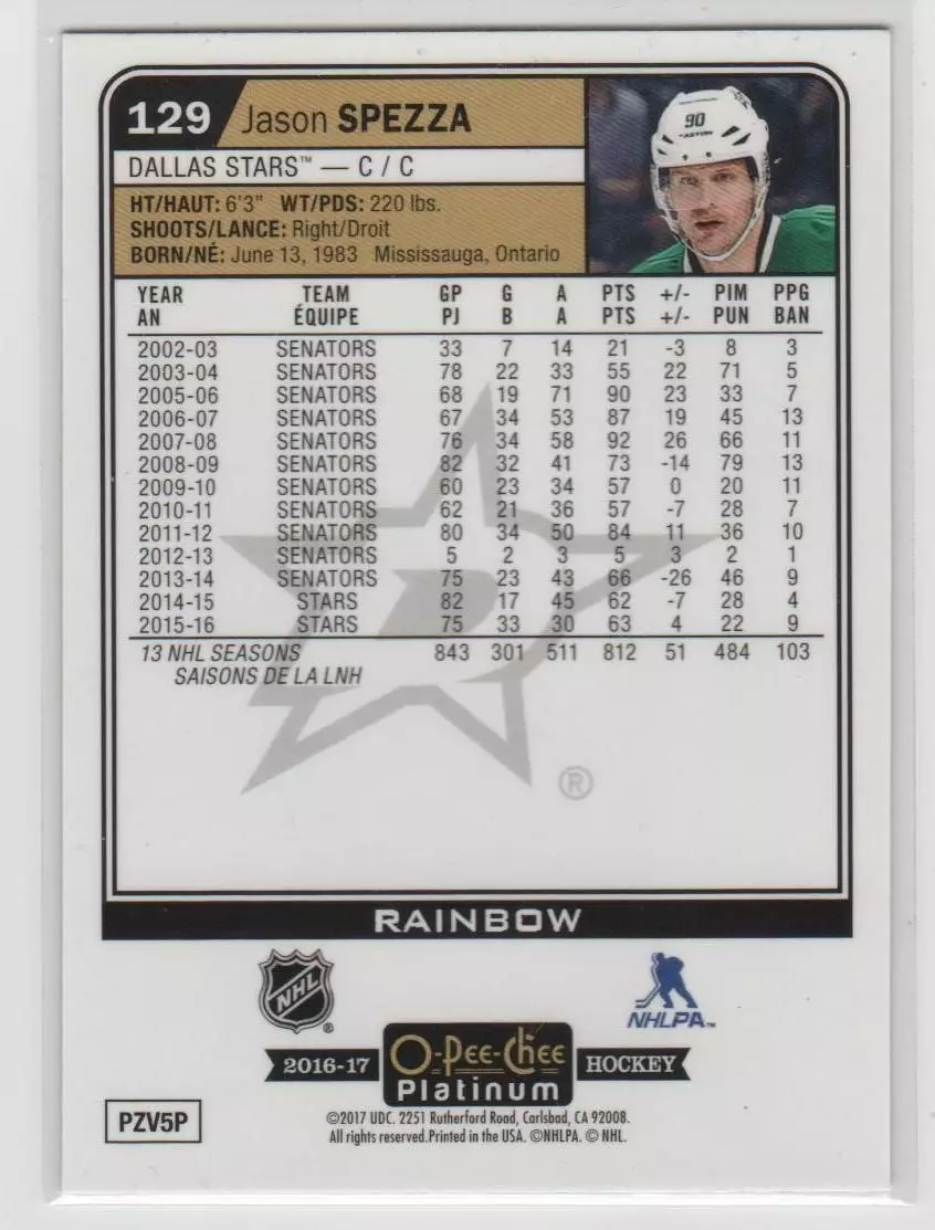 2016-17 O-Pee-Chee Platinum Rainbow #129 Jason Spezza 1