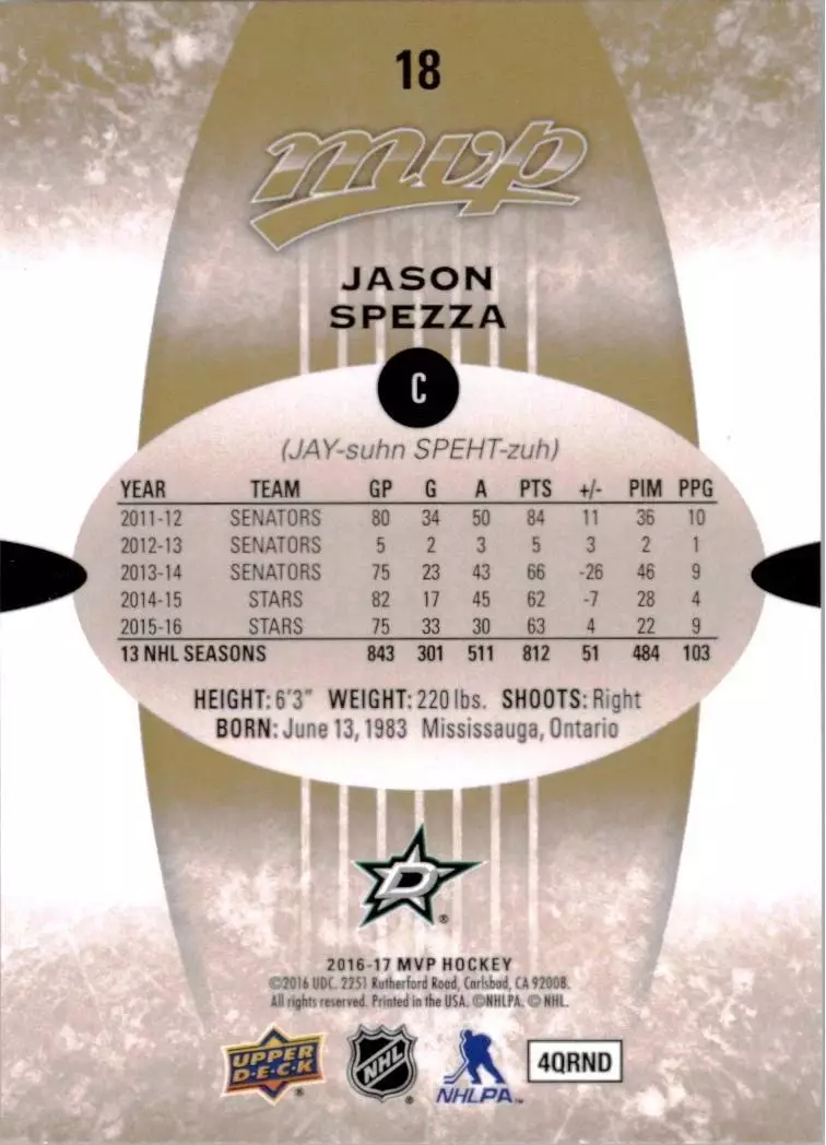 2016-17 Upper Deck MVP #18 Jason Spezza 1