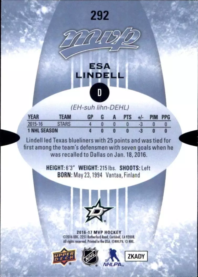 2016-17 Upper Deck MVP #292 Esa Lindell RC 1