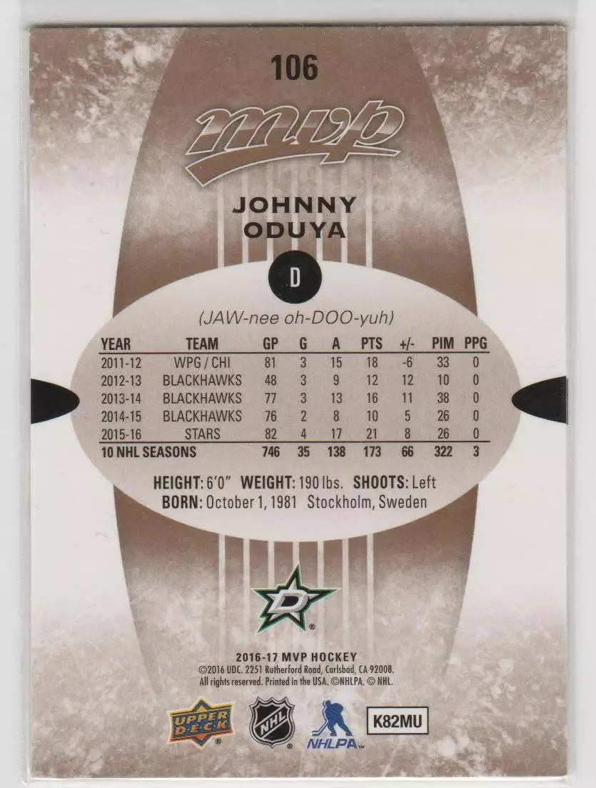 2016-17 Upper Deck MVP #106 Johnny Oduya 1