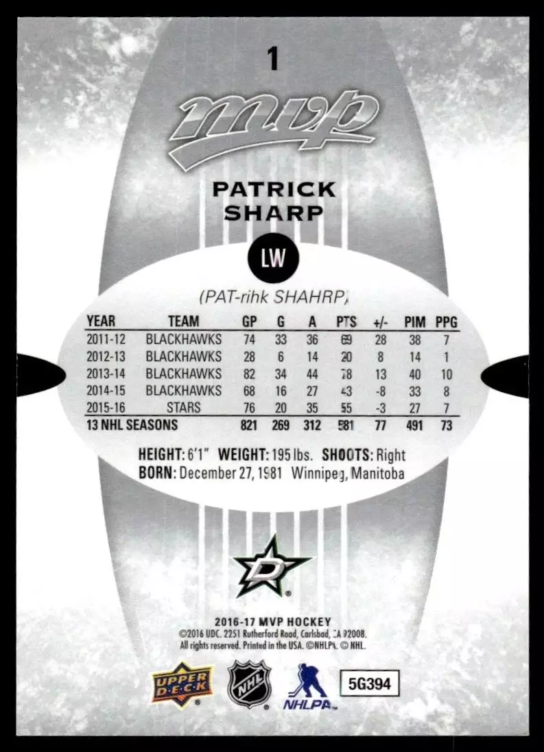 2016-17 Upper Deck MVP Silver Script #1 Patrick Sharp 1
