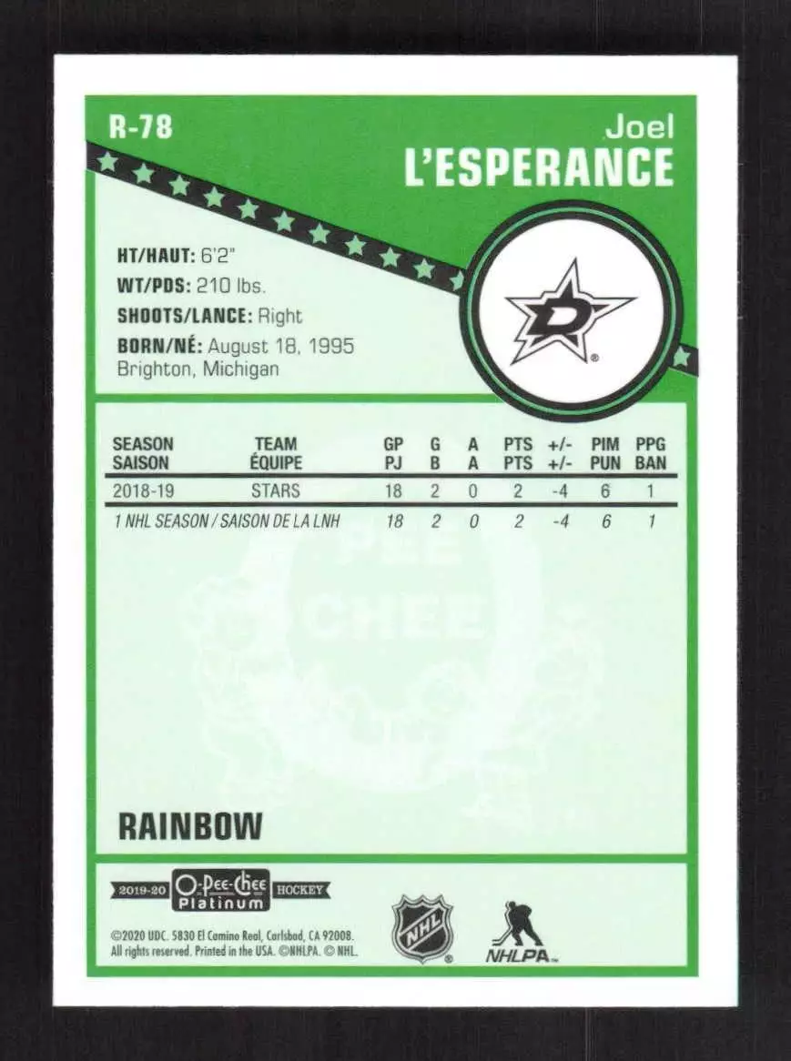 2019-20 O-Pee-Chee Platinum Retro Rainbow #R78 Joel L'Esperance 1