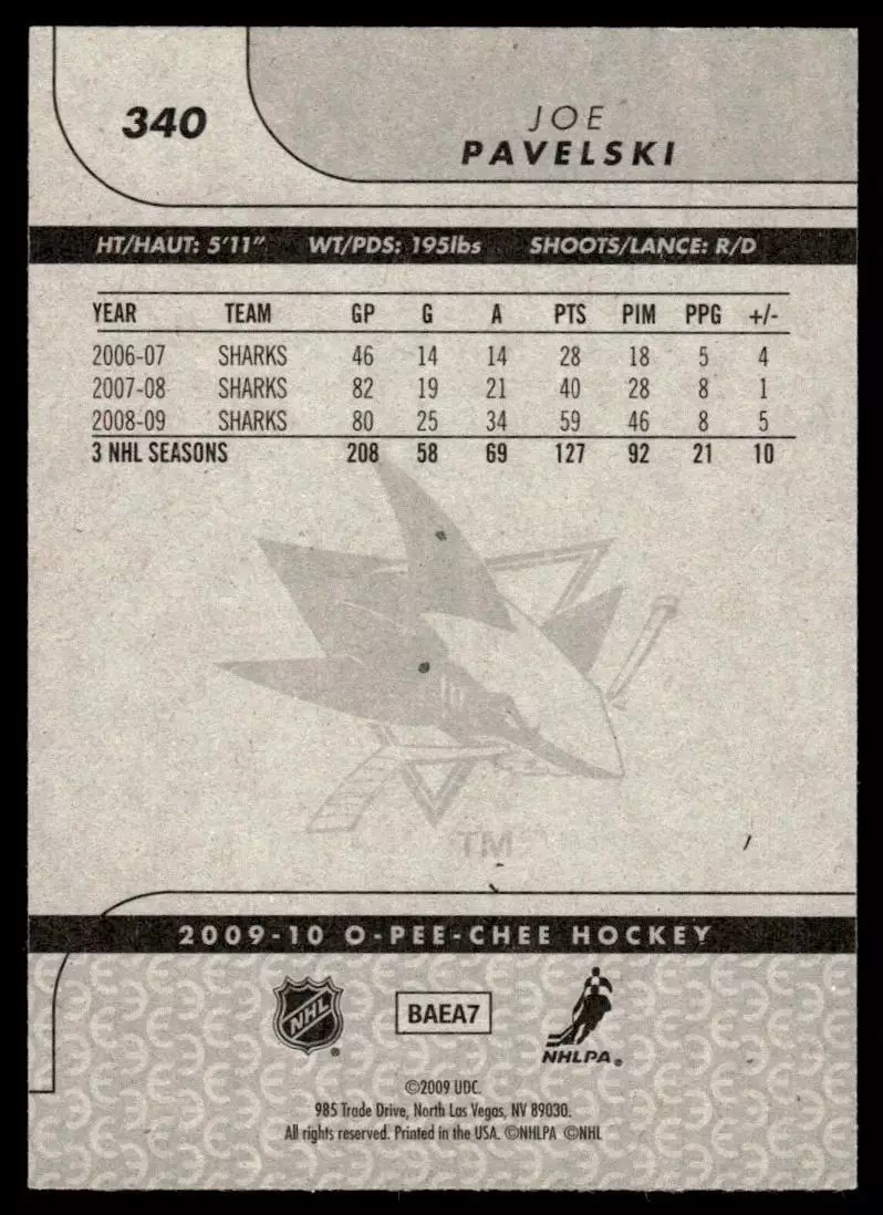 2009-10 O-Pee-Chee #340 Joe Pavelski 1