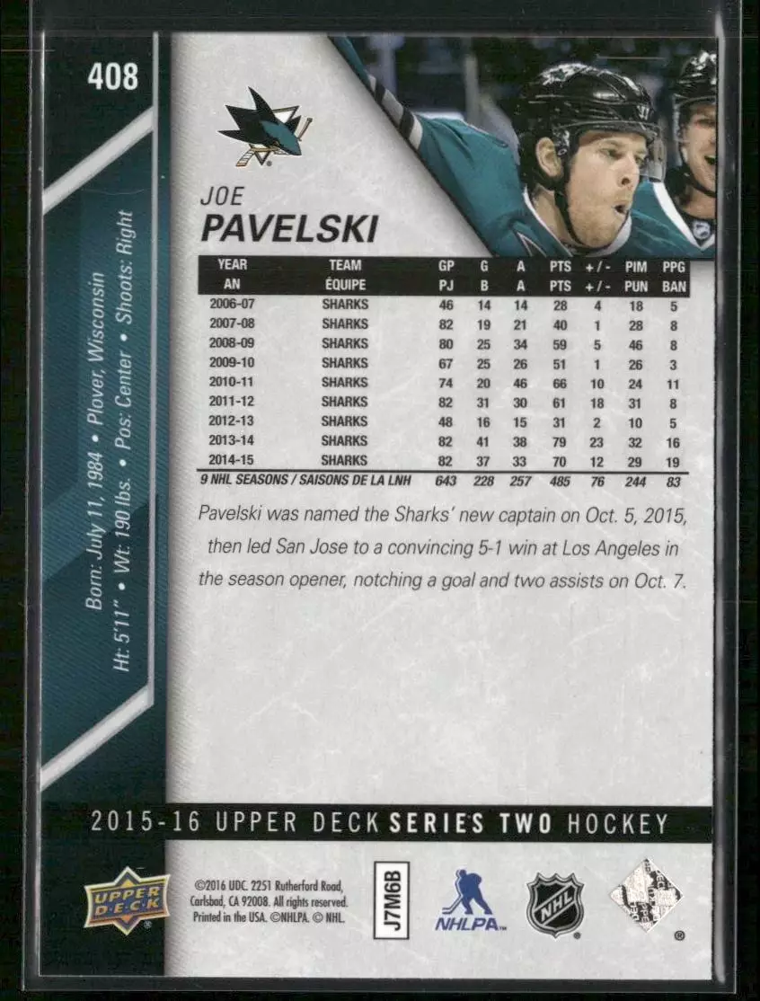 2015-16 Upper Deck #408 Joe Pavelski 1