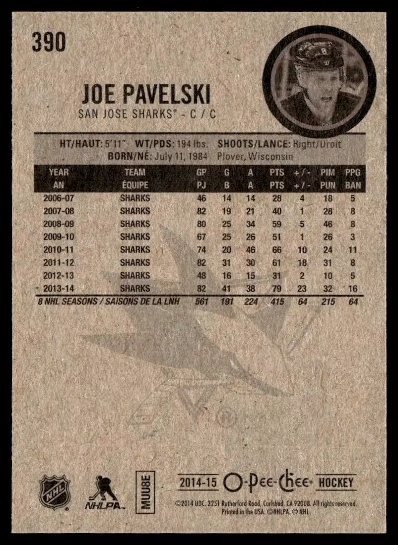 2014-15 O-Pee-Chee #390 Joe Pavelski 1