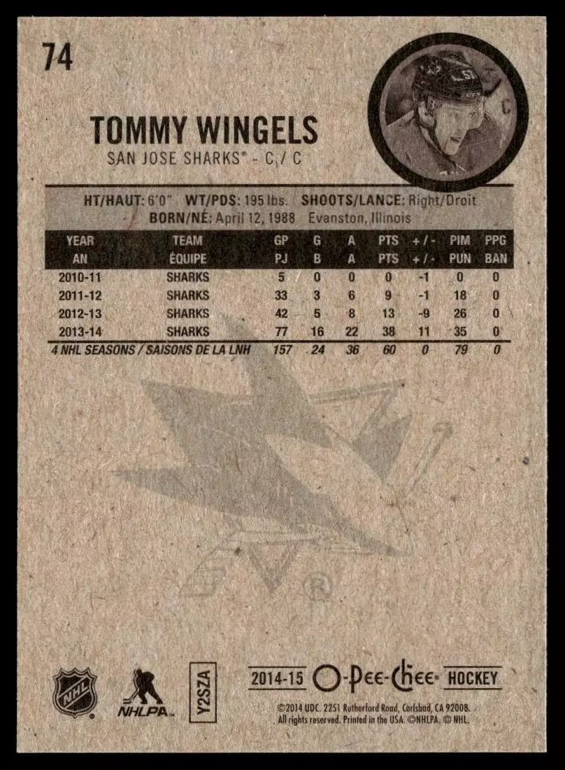 2014-15 O-Pee-Chee #74 Tommy Wingels 1