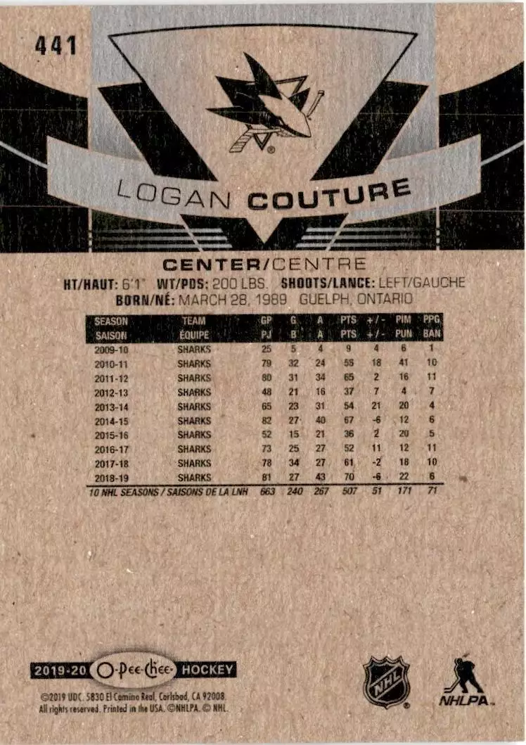 2019-20 O-Pee-Chee #441 Logan Couture 1