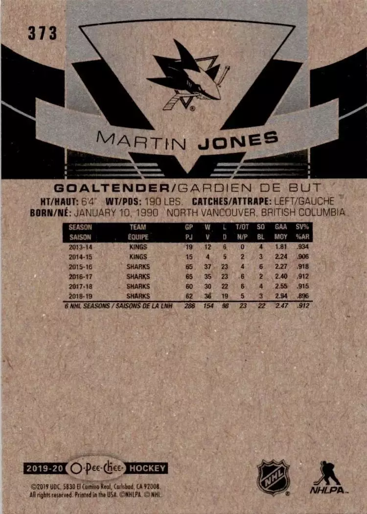 2019-20 O-Pee-Chee #373 Martin Jones 1