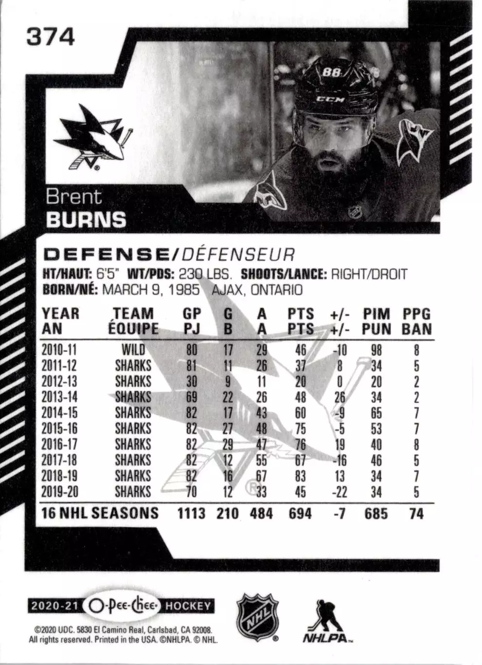 2020-21 O-Pee-Chee #374 Brent Burns 1