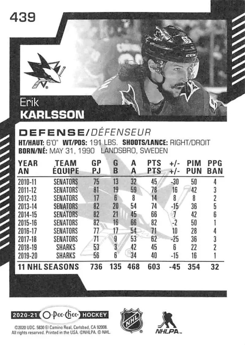 2020-21 O-Pee-Chee #439 Erik Karlsson 1
