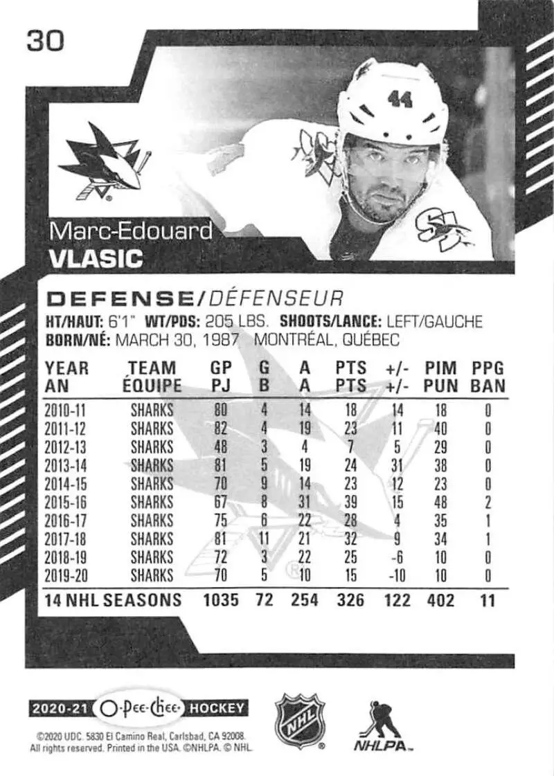 2020-21 O-Pee-Chee #30 Marc-Edouard Vlasic 1