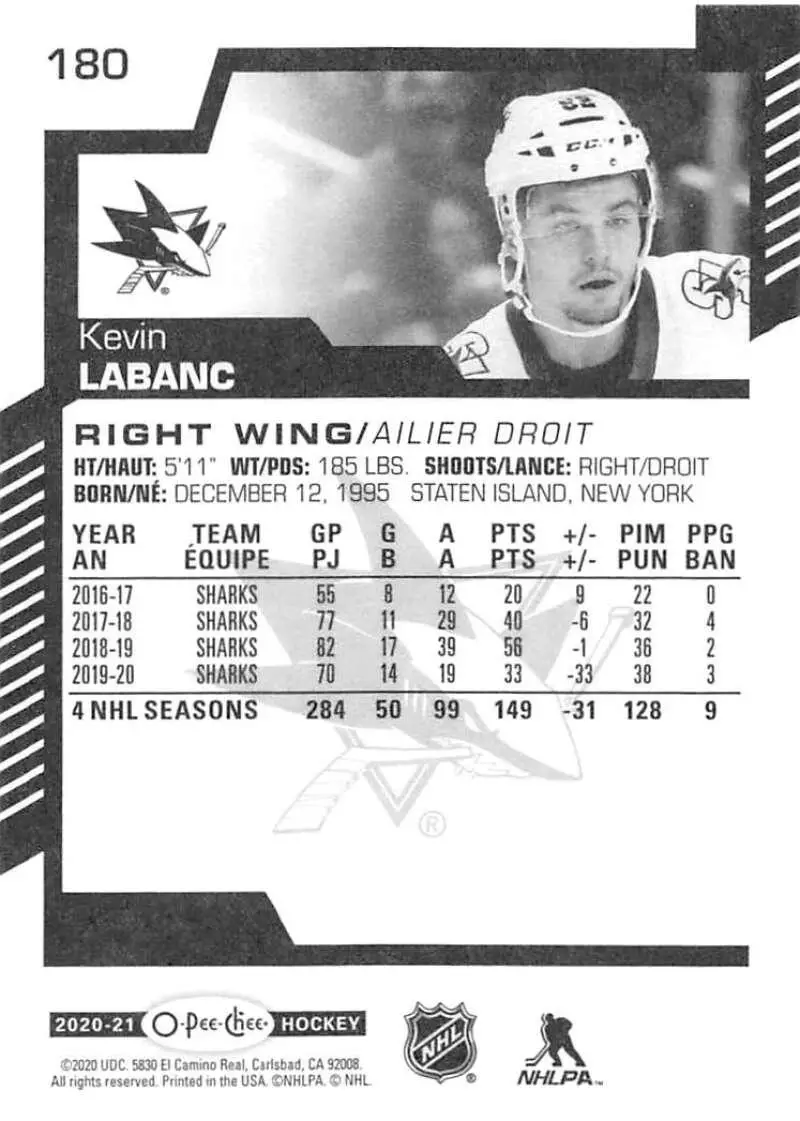 2020-21 O-Pee-Chee #180 Kevin Labanc 1
