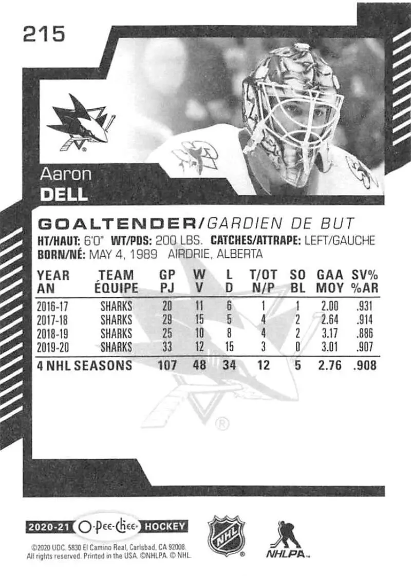 2020-21 O-Pee-Chee #215 Aaron Dell 1