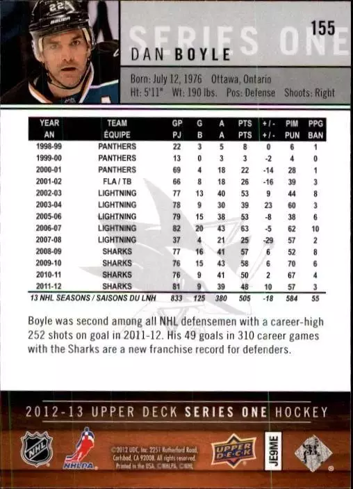 2012-13 Upper Deck #155 Dan Boyle 1