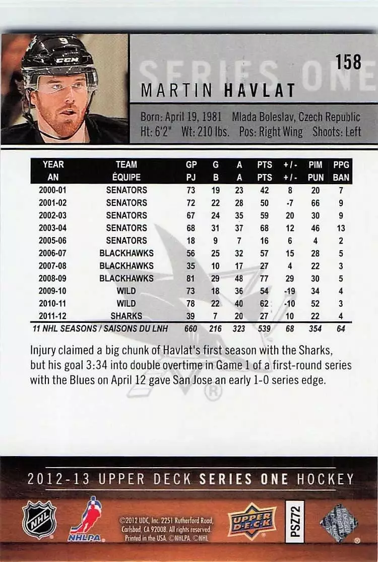 2012-13 Upper Deck #158 Martin Havlat 1