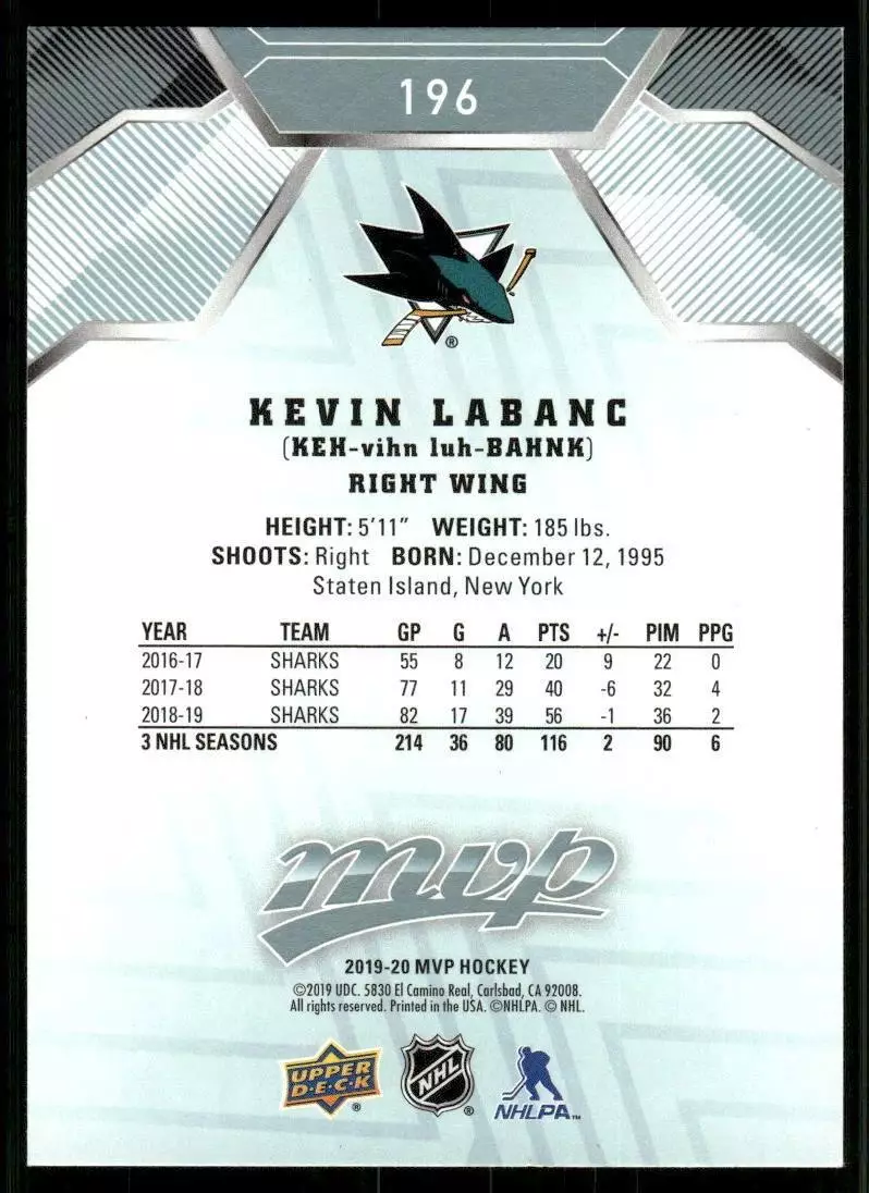 2019-20 Upper Deck MVP #196 Kevin Labanc 1
