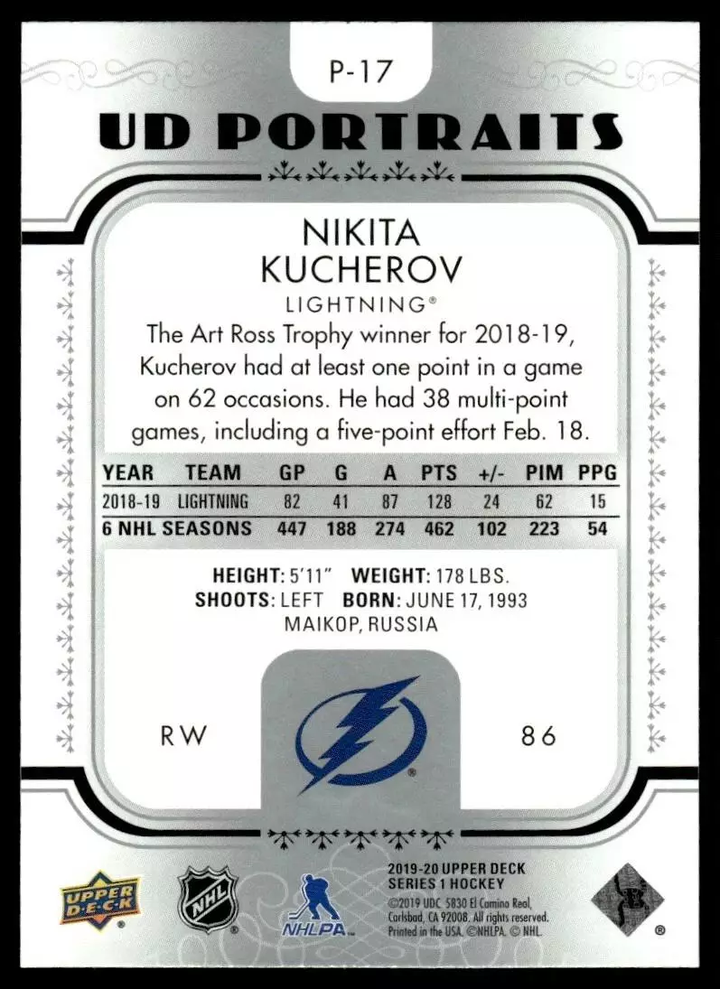2019-20 Upper Deck UD Portraits #P17 Nikita Kucherov 1