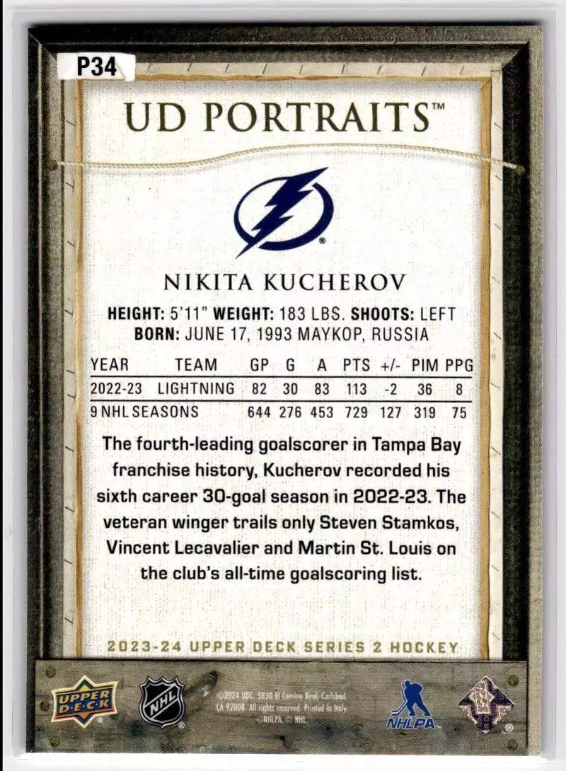 2023-24 Upper Deck UD Portraits #P34 Nikita Kucherov 1