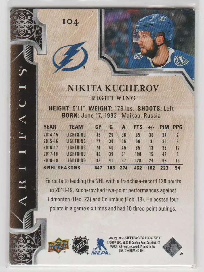 2019-20 Artifacts #104 Nikita Kucherov S 055\699 1