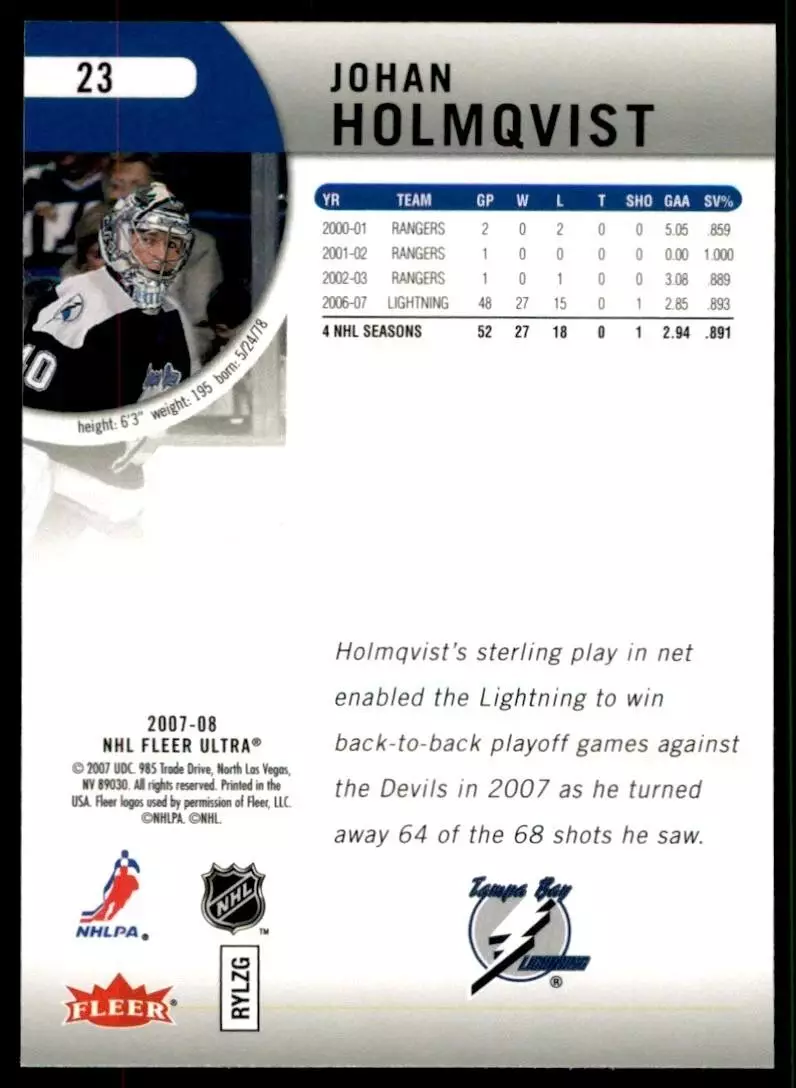 2007-08 Ultra #23 Johan Holmqvist 1