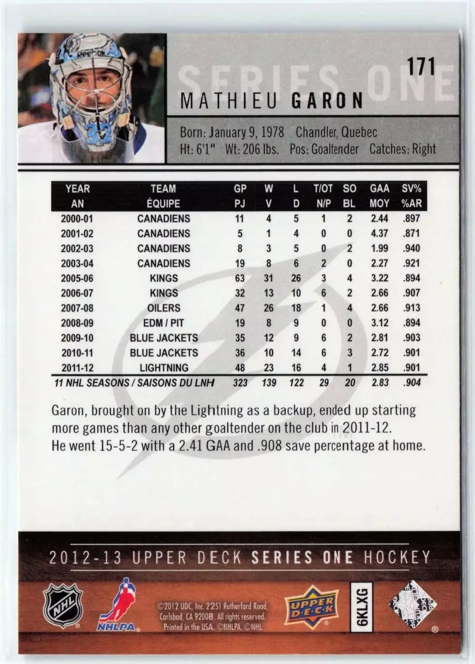 2012-13 Upper Deck #171 Mathieu Garon 1