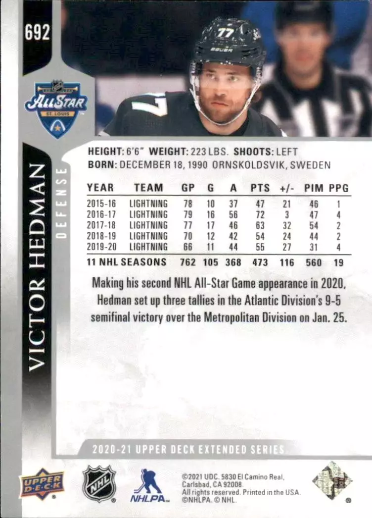 2020-21 Upper Deck #692 Victor Hedman AS 1