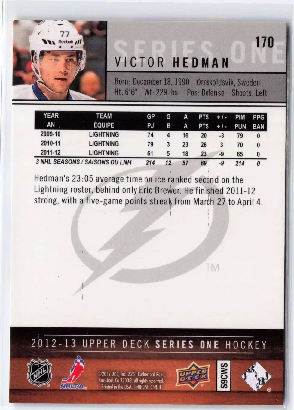 2012-13 Upper Deck #170 Victor Hedman 1